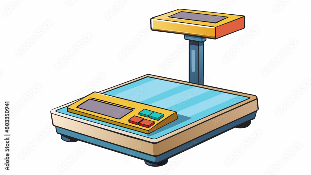 Poster A weighing scale consisting of a flat platform and a digital display screen. It can accurately determine the weight of an object in grams kilograms or. Cartoon Vector