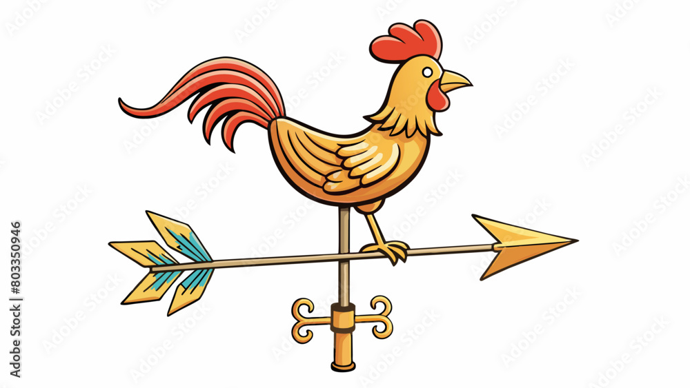 Poster A weather vane featuring a large arrow that rotates on top of a tall pole. The arrow is often designed in the shape of a rooster with one side painted. Cartoon Vector