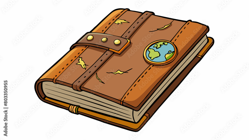 Poster a weathered leatherbound journal filled with handwritten notes and sketches from travels around the 