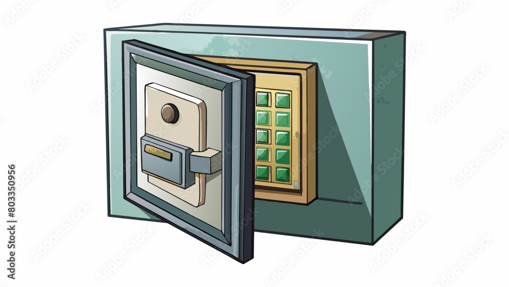 Poster a wall safe hidden behind a painting with a digital keypad for entry and a thick steel door. the saf