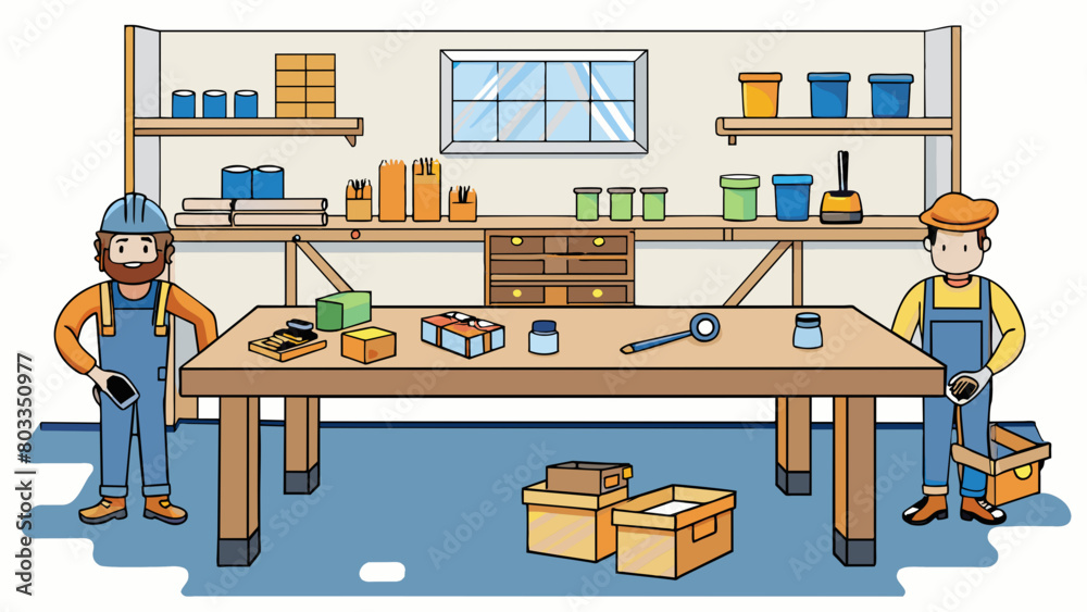 Poster A wellworn wooden table in the center of the room covered in an array of tools and equipment. Boxes of spare parts and components line the walls. Cartoon Vector