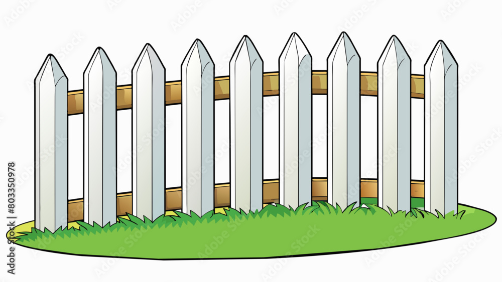 Poster A white picket fence lines the edge of a grassy field consisting of closely spaced vertical lines with pointed tops. The lines continue uninterrupted. Cartoon Vector