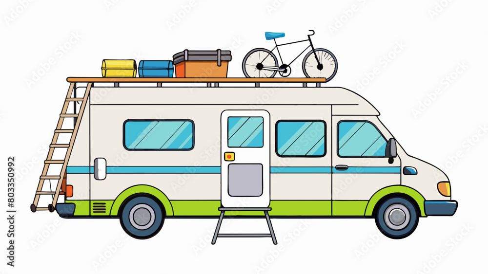 Poster a white camper van with a raised roof and a colorful mural painted on the side. it has a bike rack o