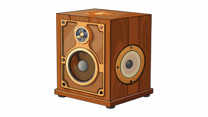 A vintagestyle speaker fashioned from wood and adorned with intricate carvings. It has a large circular speaker on the front and a for adjusting the. Cartoon Vector