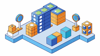 Obraz premium A virtual warehouse that holds vast amounts of data with the ability to quickly search and sort through information based on specific criteria.. Cartoon Vector
