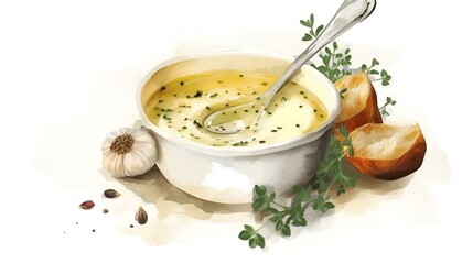 A bowl of soup with garlic and herbs, a comforting and flavorful dish