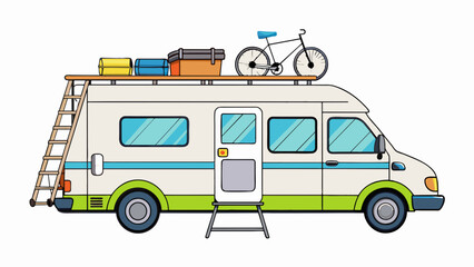A white camper van with a raised roof and a colorful mural painted on the side. It has a bike rack on the back and a small ladder leading to the roof.. Cartoon Vector