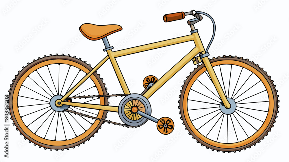 Poster Bicycle A metal frame connected to two large circular wheels with thin spokes. The frame has multiple gears and a sy seat while the wheels have thick. Cartoon Vector