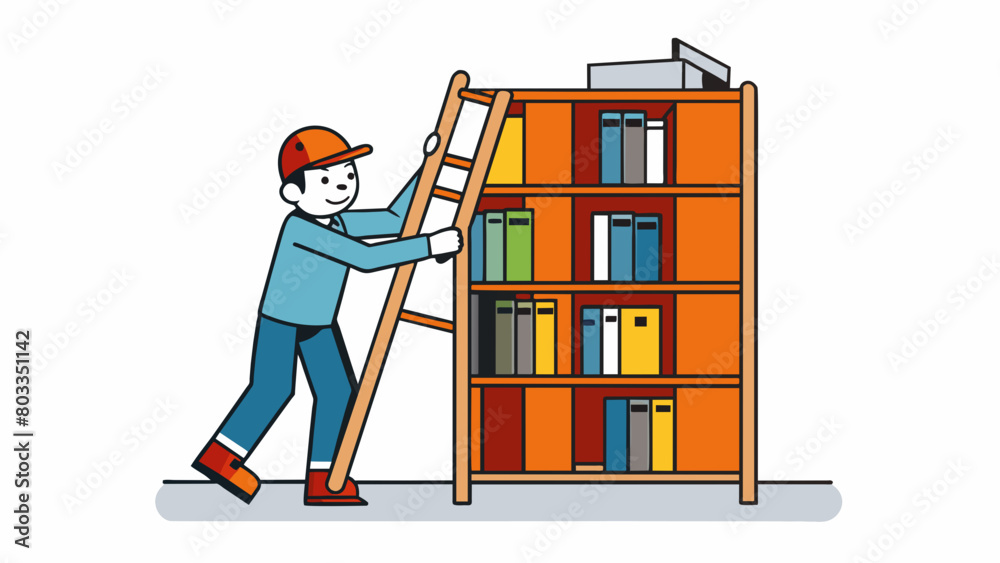 Poster  Carefully lift the bookshelf upright and adjust the shelves as needed.. Cartoon Vector
