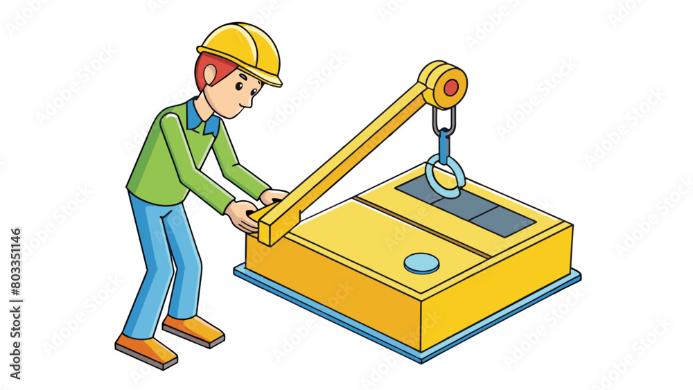 Wall mural Carefully maneuvering the joystick the operator directed the heavy yellow claw of the crane towards the pile of large rectangular boxes. With. Cartoon Vector