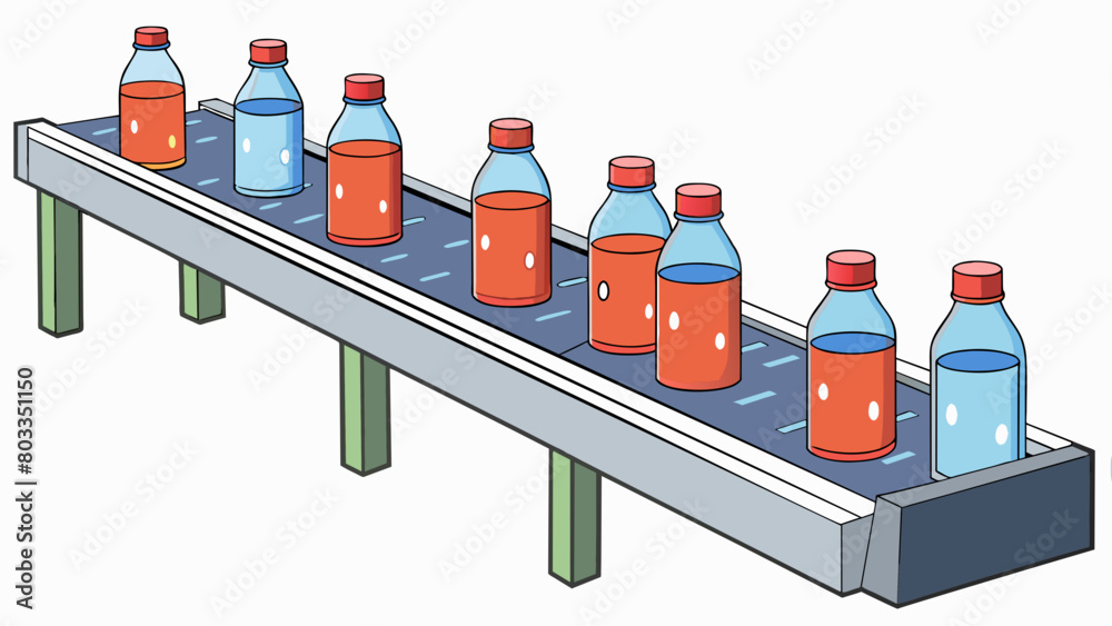 Poster bottling soft drinks on a conveyor belt the bottles move along a long metal conveyor belt passing by