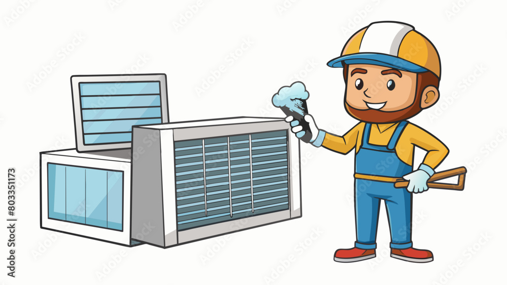Poster Cleaning and inspecting air conditioning filters in a household unit to prevent a buildup of dust and debris that can lead to decreased efficiency and. Cartoon Vector