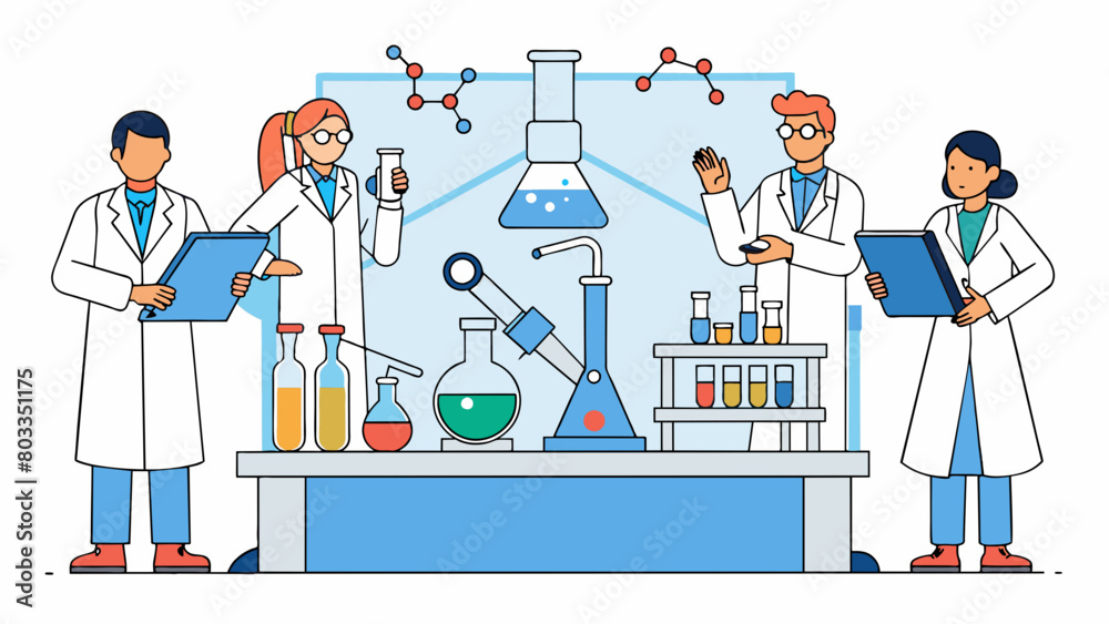 Poster Characteristics lab setting workers in white coats table with labeled vials and beakers microscope shaking and observation process.. Cartoon Vector