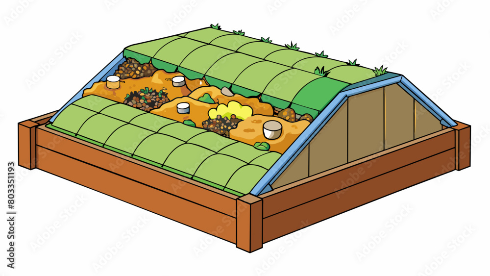 Poster compost pile a rectangular bin made of wood and wire mesh is filled with a mixture of food scraps an