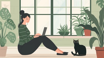 Young Woman Working on Laptop in a Cozy Home Office With a Cat Nearby