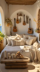 Cozy bohemian bedroom with a view of the ocean