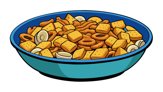 Chex mix A mix of savory snacks like pretzels cereal and nuts all coated in a flavorful seasoning found in a large mixing bowl on a party table.. Cartoon Vector