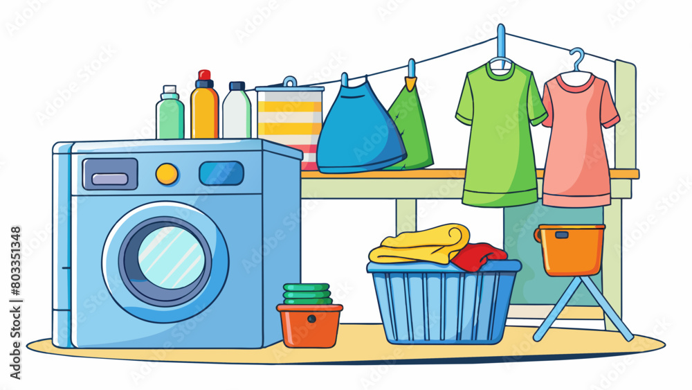 Poster doing laundry in the laundry room there is a washer and dryer next to a shelf full of laundry deterg