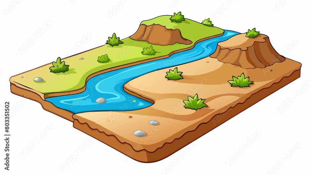 Poster in a flat desert landscape a shallow river meanders slowly across the sandy ground. the water is mur