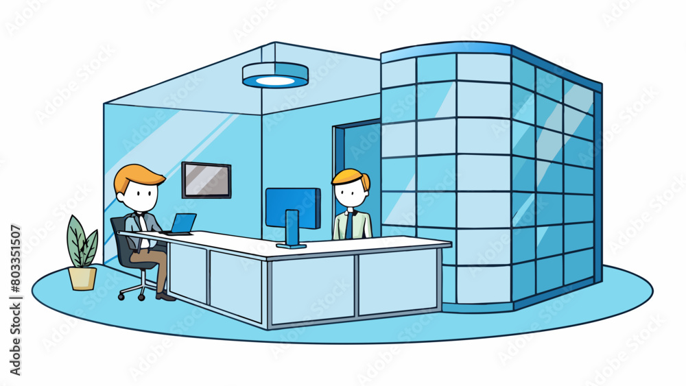 Poster In an office building a receptionist sits behind a glass partition at a small desk with a computer. The walls are painted a light blue and there is a. Cartoon Vector