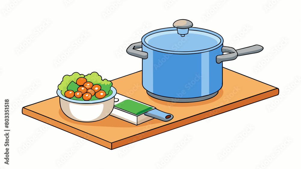 Poster in a kitchen there is a pot of boiling water on the stove next to a ting board with chopped vegetabl