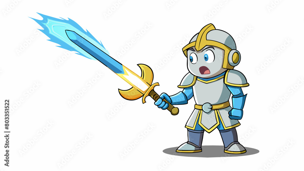 Poster in a fantasy world a questing knight comes across a magical talking sword. the sword has a golden hi