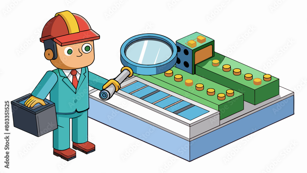Poster In a manufacturing plant an inspector uses a magnifying glass to inspect the intricate details of a small electronic component ensuring all. Cartoon Vector