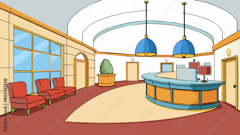 Poster In a hotel lobby there is a spacious reception area with soft lighting and plush seating. A long curved desk is lined with computer screens and. Cartoon Vector
