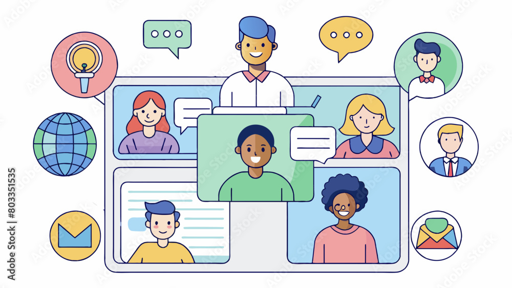 Poster in an online forum users from all over the world engage in a digital discussion. avatars of various 