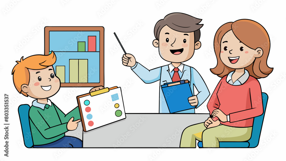 Wall mural In a parentteacher conference a teacher sits behind a desk while two parents sit across from them hands clasped on their laps. The teacher presents a. Cartoon Vector