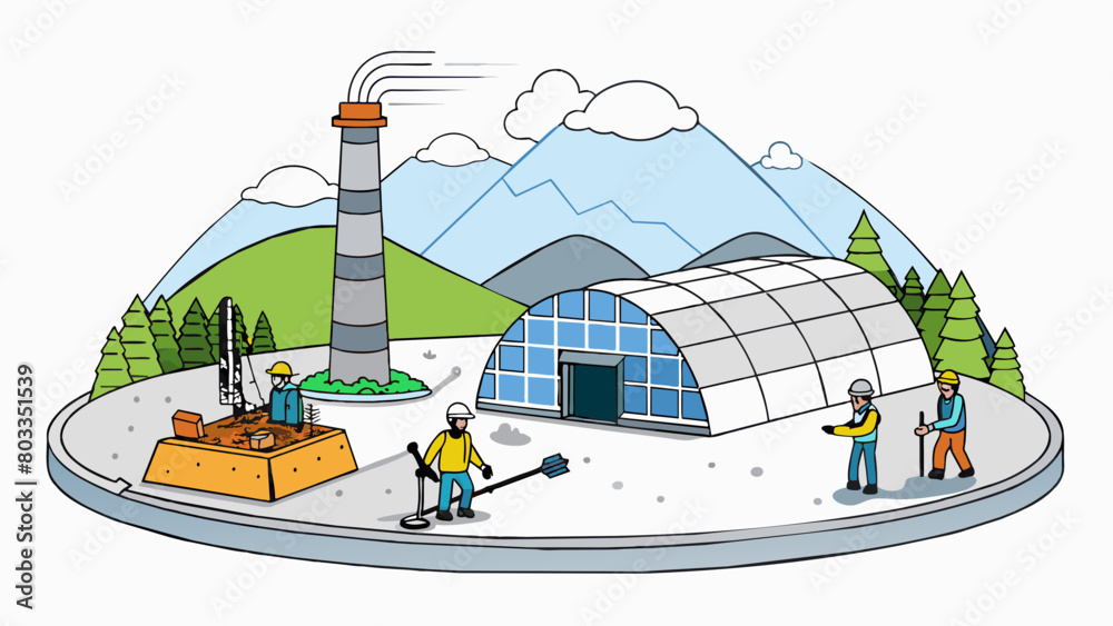 Poster In a remote mountainous region a group of workers can be seen constructing a unique structure. Made of thick concrete walls and a curved retractable. Cartoon Vector