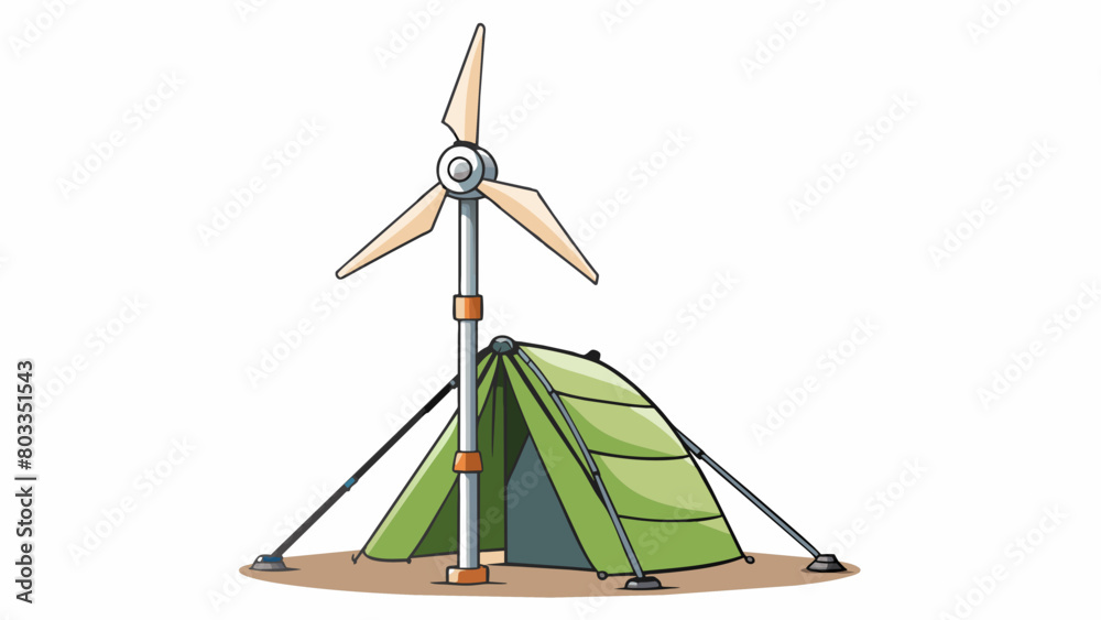 Poster in a remote camping site a portable wind turbine generator stands tall on a tripod base. its sleek w