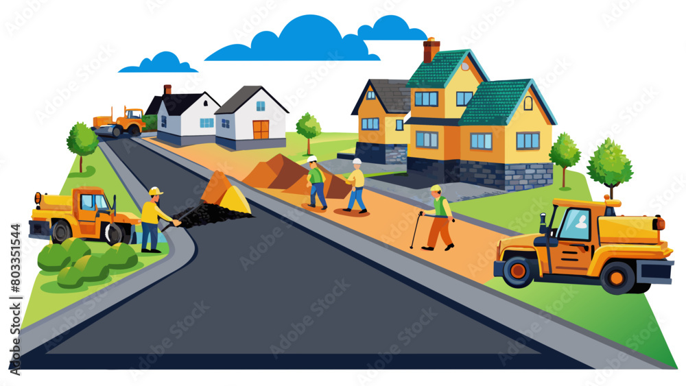Poster in a residential neighborhood a group of workers is laying down asphalt on a newly paved road. the w