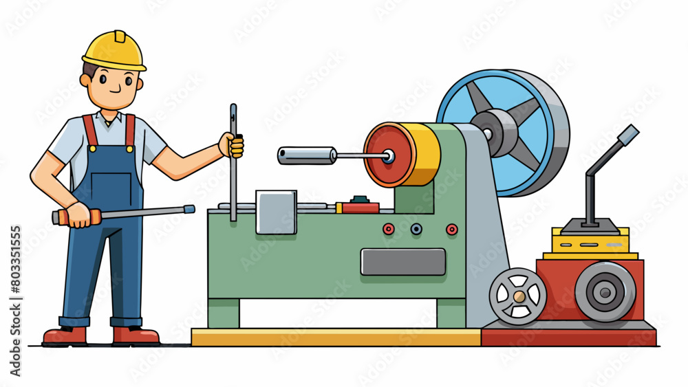 Aufkleber In one corner of the workshop there is a large metal lathe with a spinning wheel and various s and levers. Next to it is a pile of metal scraps ready. Cartoon Vector