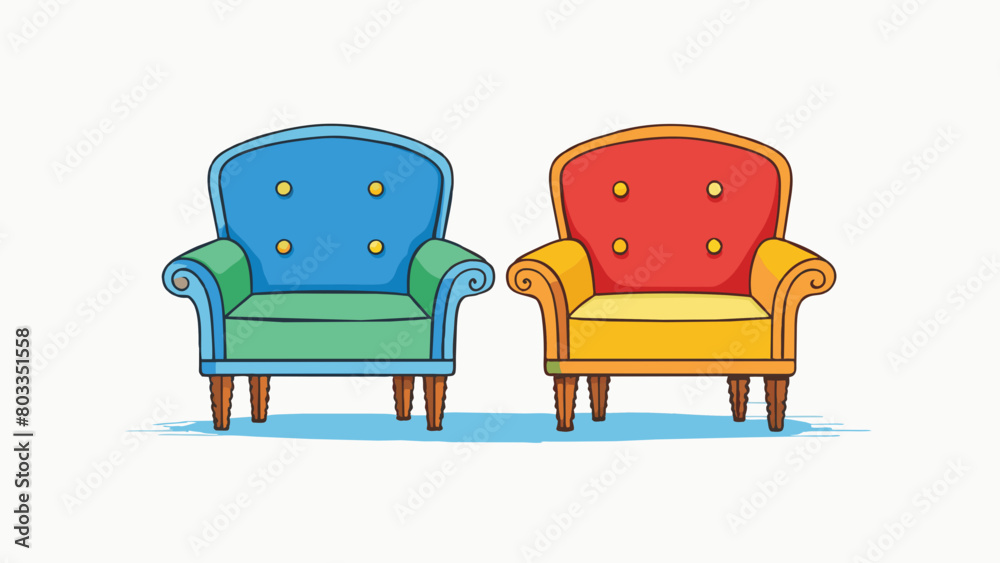 Poster In a room there are two chairs p facing each other. The chairs are of similar size and color with a cushioned seat and backrest. This shows a relation. Cartoon Vector