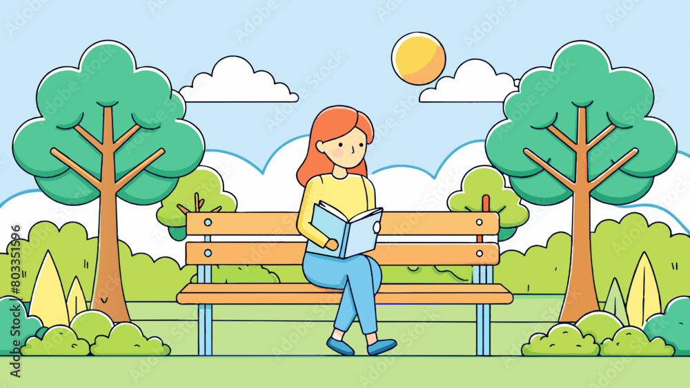 Aufkleber in a quiet park a woman sits on a bench with a notebook and pen in hand. she is surrounded by tall t