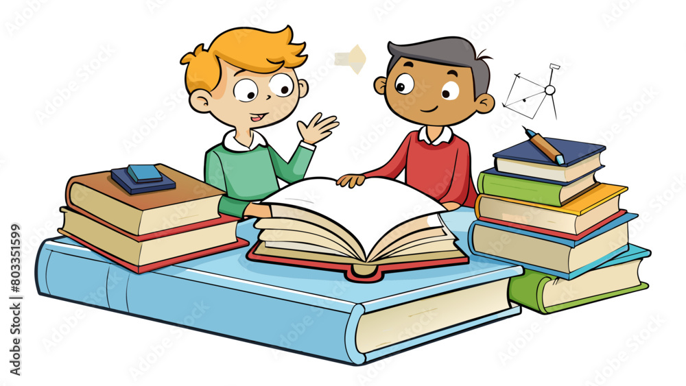 Aufkleber In a quiet library two students huddle over textbooks discussing complex equations and theories in hushed voices. The books they reference are worn. Cartoon Vector