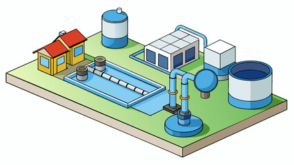 In a water treatment plant a series of pipes pumps and filters work together to remove impurities and harmful substances from the water supply. Cartoon Vector