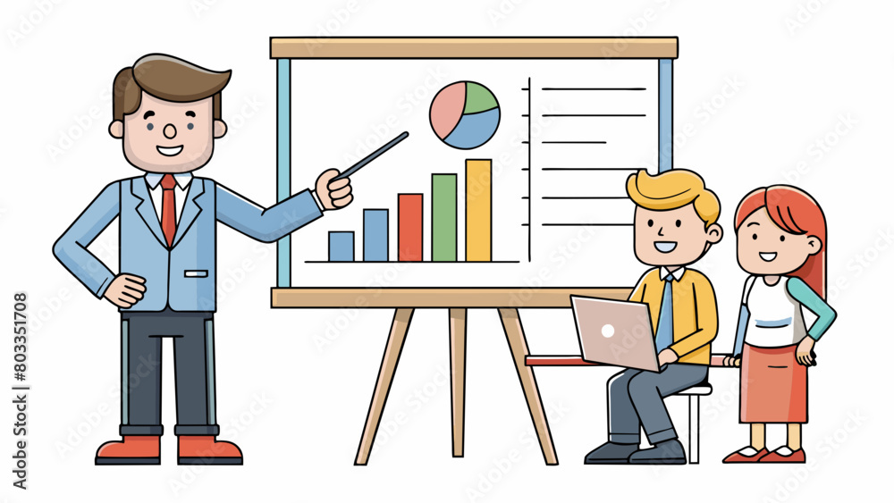 Poster In the conference room the analyst stands in front of a large whiteboard marker in hand. They confidently go through graphs and charts explaining the. Cartoon Vector