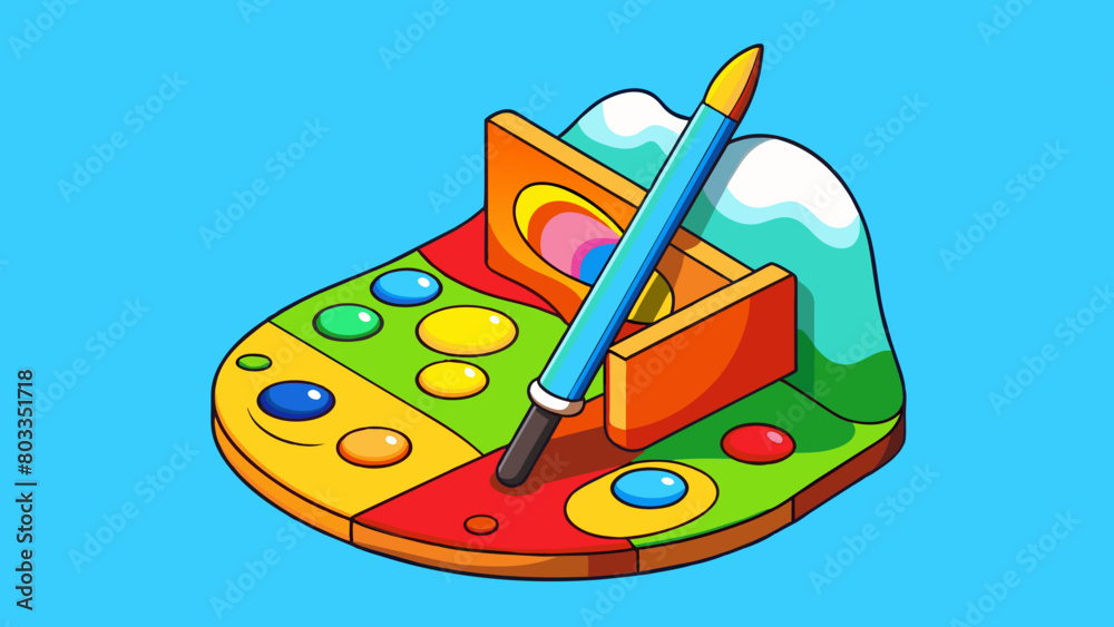 Poster Introduction to a Painting The canvas is splashed with vibrant colors creating a mesmerizing contrast. Each stroke of the paintbrush tells a unique. Cartoon Vector