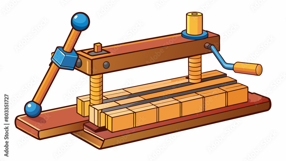 Poster in woodworking pressing involves using a large clamp to hold two pieces of wood together while the g