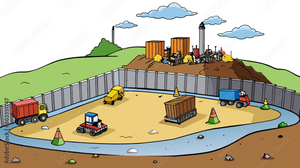 Poster Landfill site A large open field with heavy machinery and trucks working surrounded by a tall fence. The ground is covered in layers of garbage and. Cartoon Vector