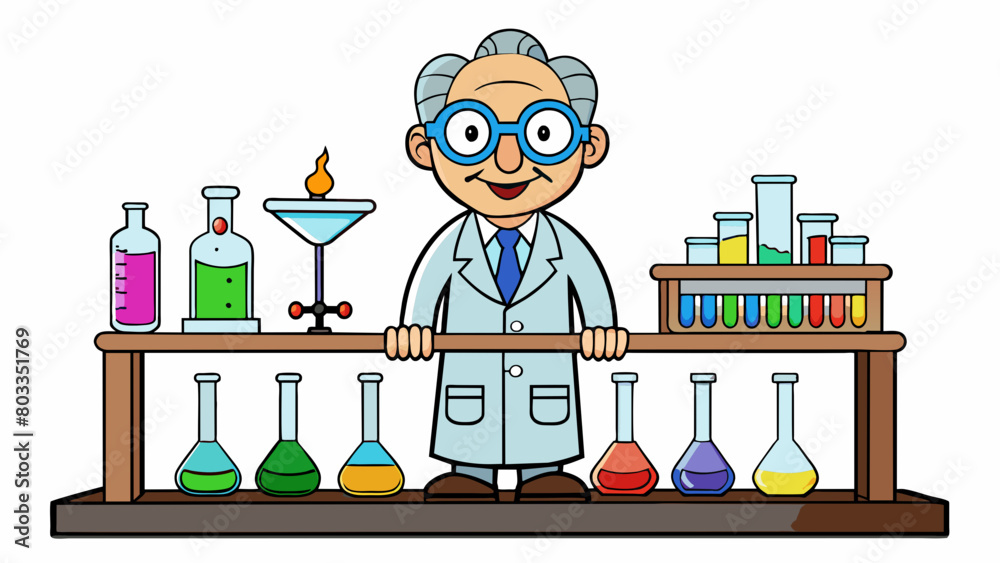 Poster in the chemistry lab the professor stood in front of a long counter filled with test tubes beakers a