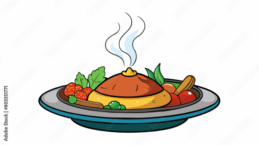 Poster Introduction to a Dish The steam rises from the plate carrying the tantalizing aroma of es and herbs. The dish is a beautiful array of colors with. Cartoon Vector