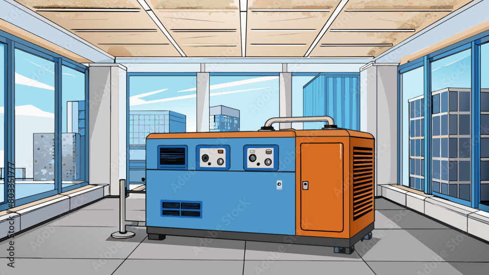Poster inside a modern office building a large backup generator is housed in a soundproof room. its industr