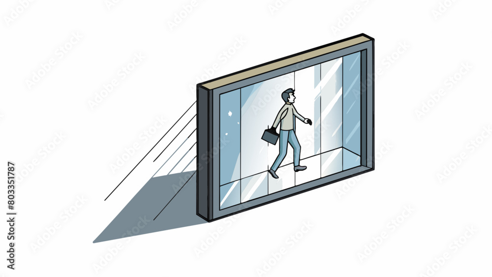 Poster Light bouncing off a glass window creates a reflection of a person walking by distorting their form and giving them a ghostly appearance. The. Cartoon Vector