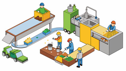 Obraz premium Inside a factory large machines are shredding and melting down scraps of metal and plastic. The resulting molten material is then used to create new. Cartoon Vector