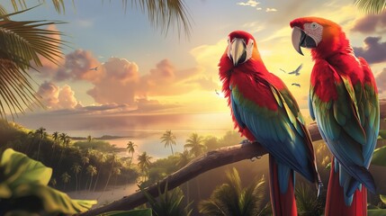 Scarlet Macaws Perched Overlooking a Tropical Beach at Sunset