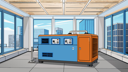Inside a modern office building a large backup generator is housed in a soundproof room. Its industrial size and complex machinery make it an. Cartoon Vector