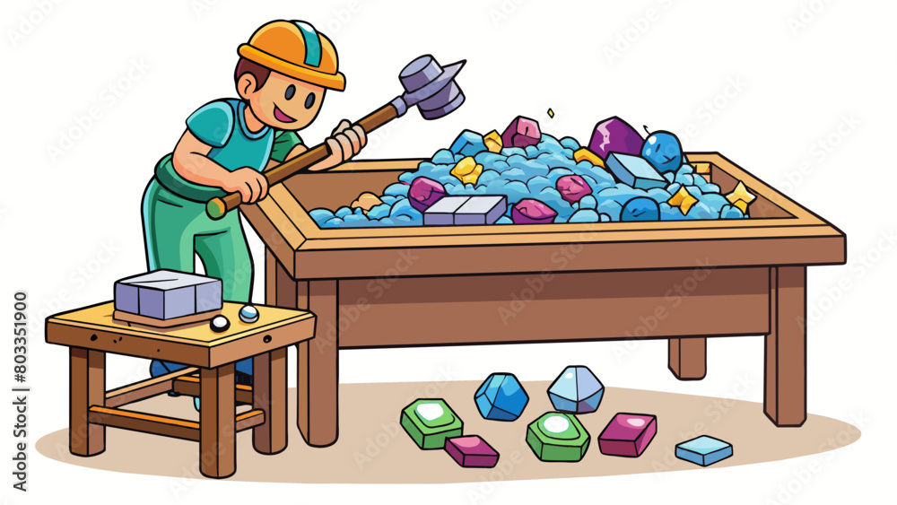 Poster on a sy wooden worktable there is a large pile of raw un gems and polished stones. next to it an art